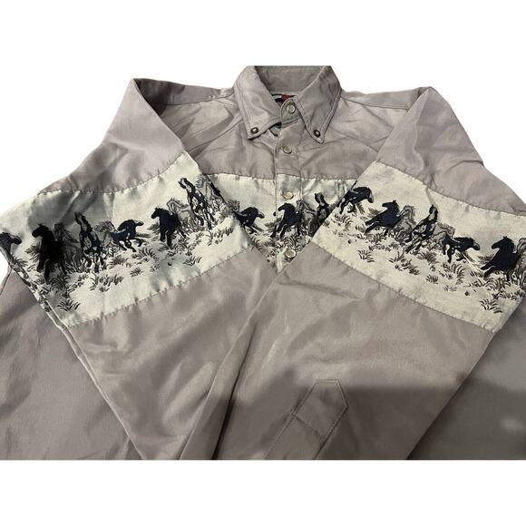 Vintage Scorpio Men's L/S Shirt Small Grey Silver Horse Theme Pearl Snaps - Picture 4 of 6